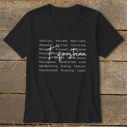 Black t-shirt with white text listing equestrian traits and "Equestrian" in script.