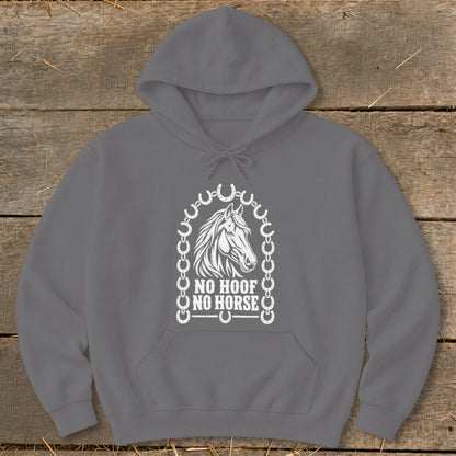Gray hoodie with a white graphic of a horse's head and "NO HOOF NO HORSE".