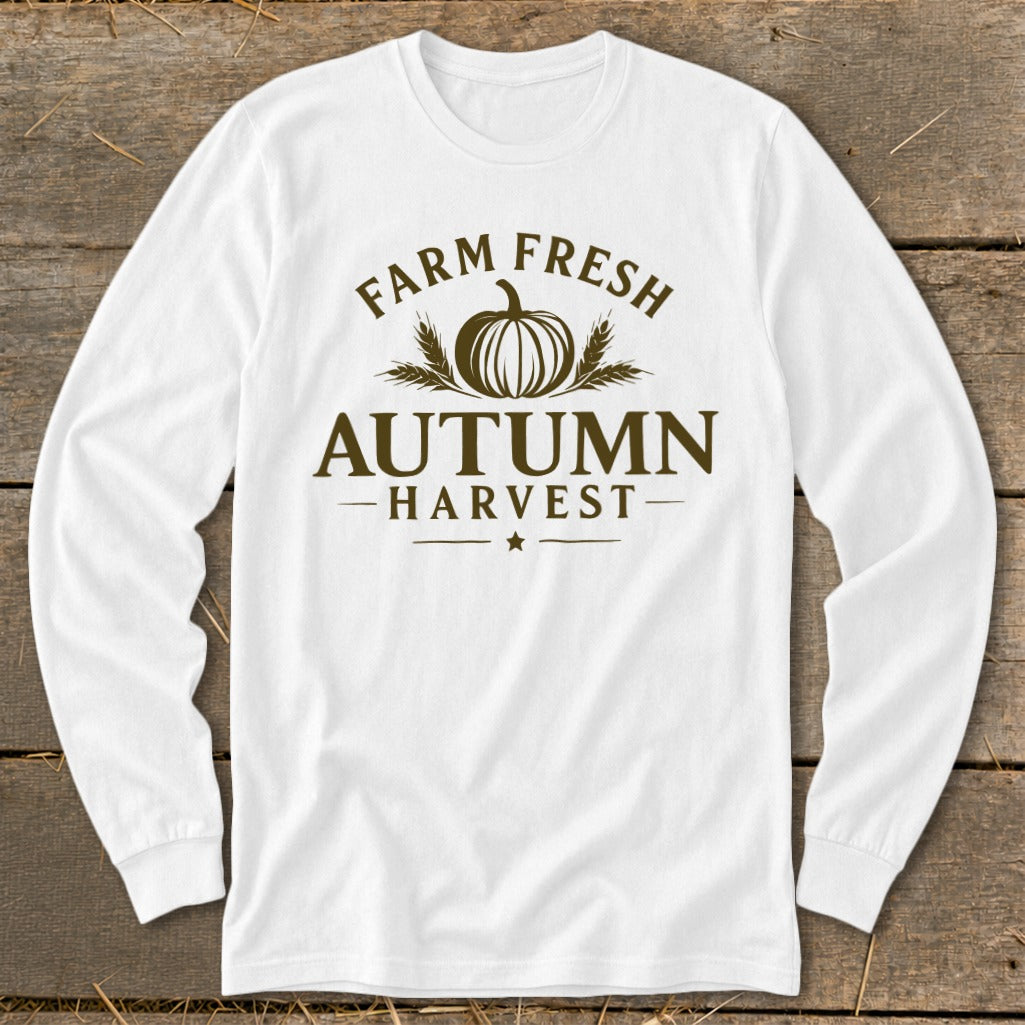 White long-sleeve shirt with "Farm Fresh Autumn Harvest" text and pumpkin graphic.