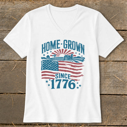 White v-neck t-shirt with "Home Grown Since 1776" and American flag farm graphic.