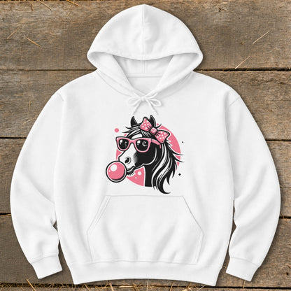 White hoodie with illustration of a horse wearing sunglasses and blowing bubblegum.