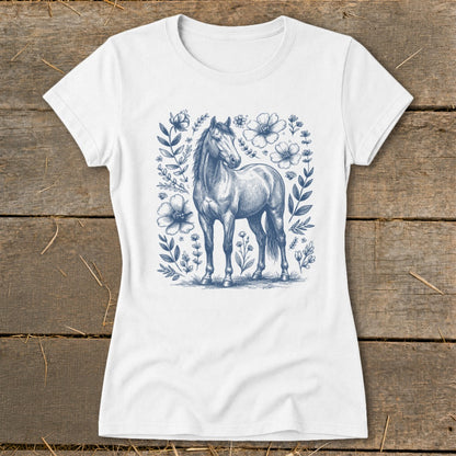White t-shirt with a blue sketch of a horse surrounded by floral elements.