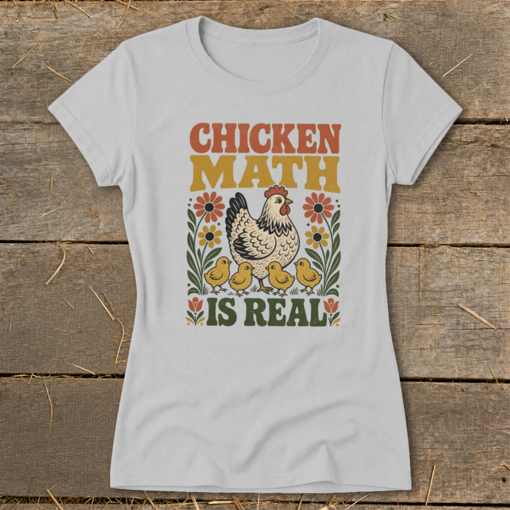 Chicken Math is Real text with chicken and chicks design on a light gray t-shirt.