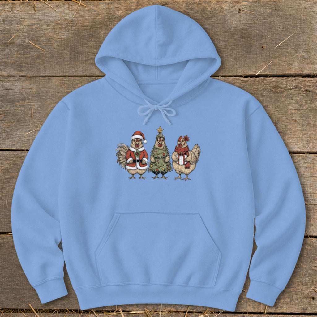 Light blue hoodie with cartoon chickens and a Christmas tree graphic.