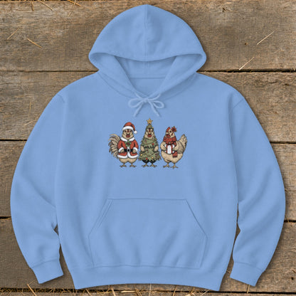Light blue hoodie with cartoon chickens and a Christmas tree graphic.