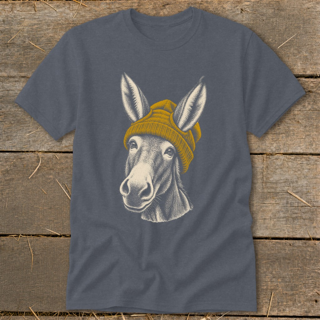 Donkey wearing a mustard yellow beanie, illustration on a charcoal t-shirt.