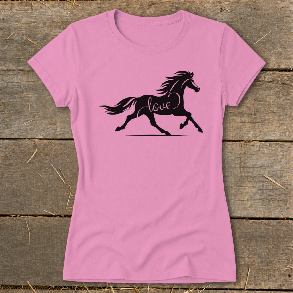 Pink t-shirt with a black silhouette of a horse and the word "love".