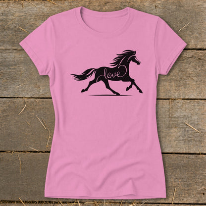 Pink t-shirt with a black silhouette of a horse and the word "love".