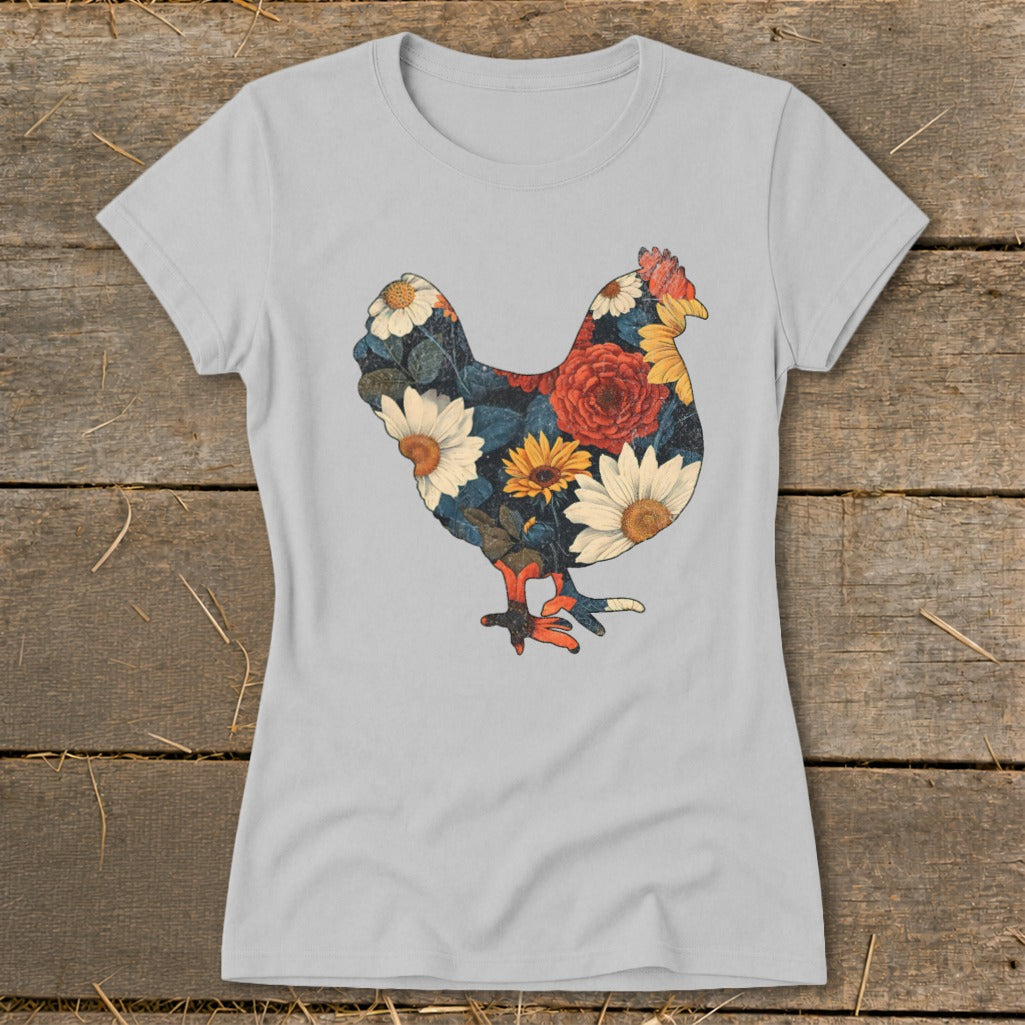 Light gray t-shirt with a chicken silhouette filled with floral patterns.