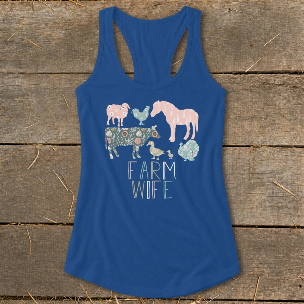 Blue tank top with farm animal graphics and "Farm Wife" text.