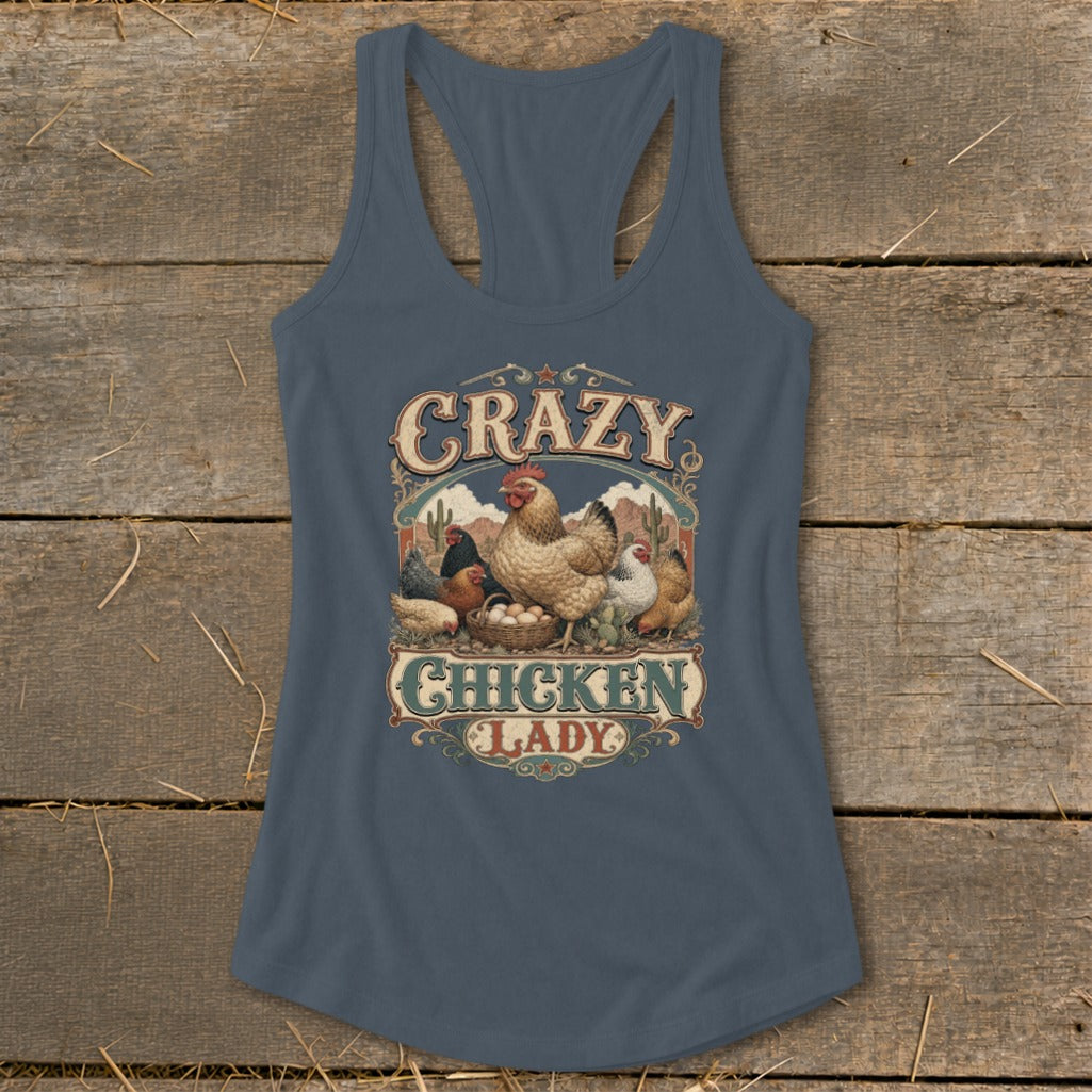 Tank top with "Crazy Chicken Lady" graphic featuring hens and eggs.