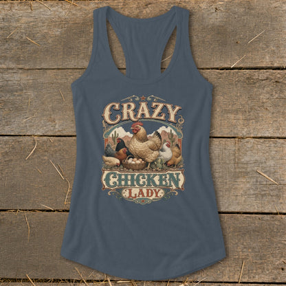 Tank top with "Crazy Chicken Lady" graphic featuring hens and eggs.