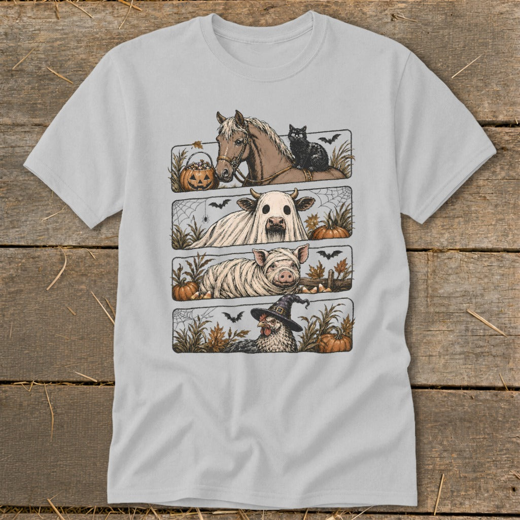 Halloween t-shirt design with horse, cow ghost, mummy pig, and witch chicken.