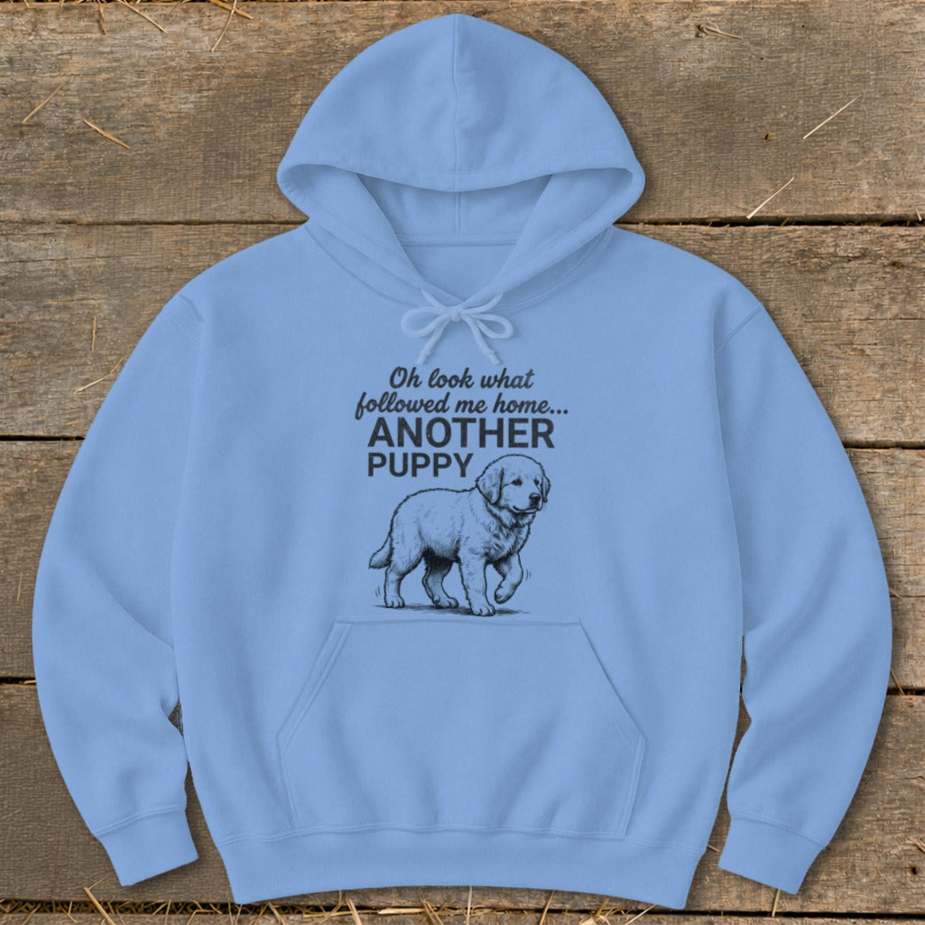 Light blue hoodie with "Oh look what followed me home... ANOTHER PUPPY" text and a puppy graphic.
