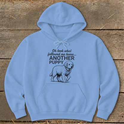 Light blue hoodie with "Oh look what followed me home... ANOTHER PUPPY" text and a puppy graphic.