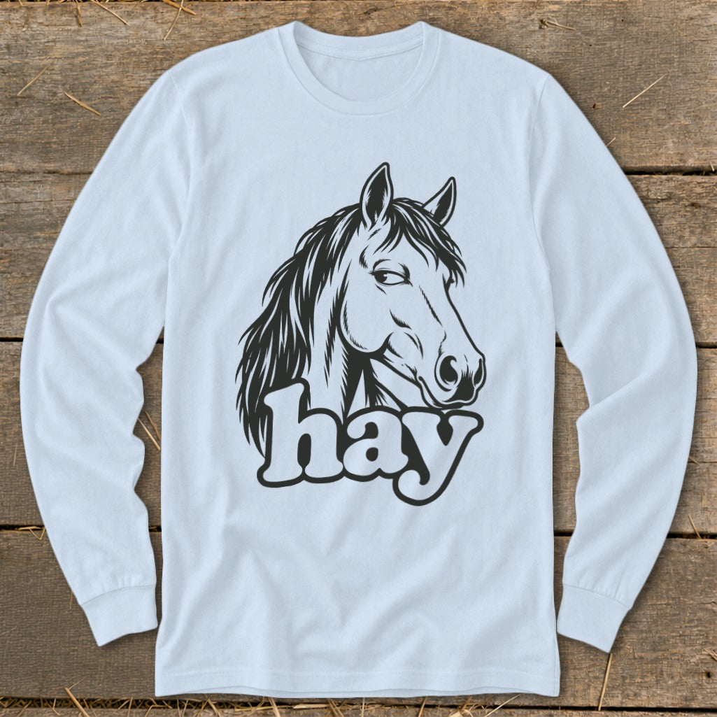 Light blue long sleeve shirt with black horse head and the word "hay" graphic.