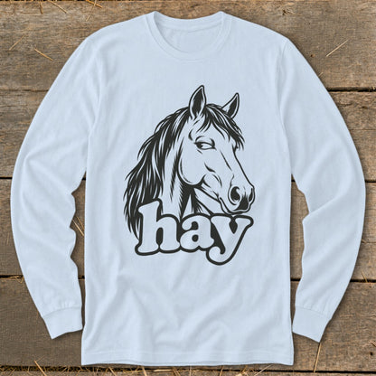Light blue long sleeve shirt with black horse head and the word "hay" graphic.