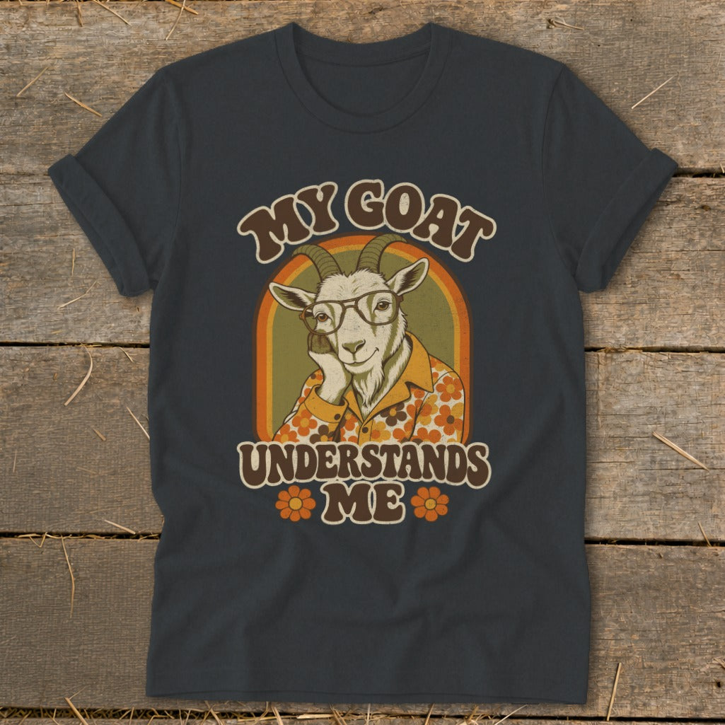 T-shirt graphic with a goat wearing glasses and a retro shirt, text "MY GOAT UNDERSTANDS ME".
