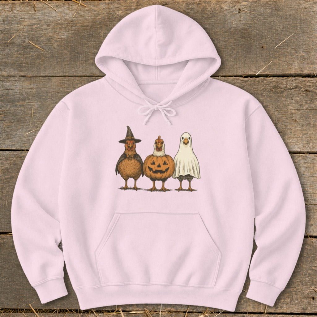 Pink hoodie with a Halloween-themed graphic of three chickens.
