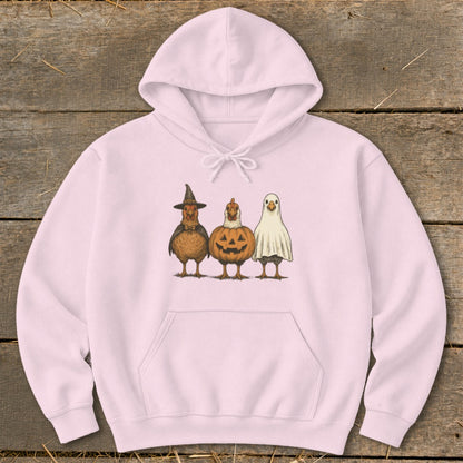 Pink hoodie with a Halloween-themed graphic of three chickens.