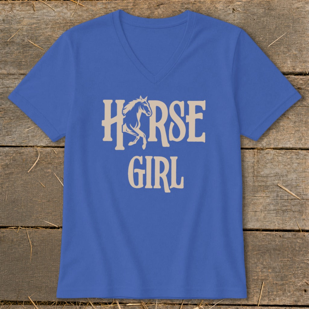 Blue v-neck t-shirt with "HORSE GIRL" graphic and horse silhouette.