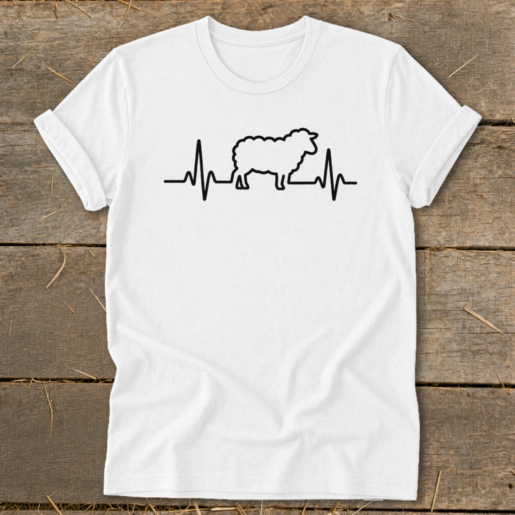 A white t-shirt featuring a black graphic of a sheep integrated into a heartbeat line.