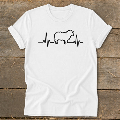 A white t-shirt featuring a black graphic of a sheep integrated into a heartbeat line.