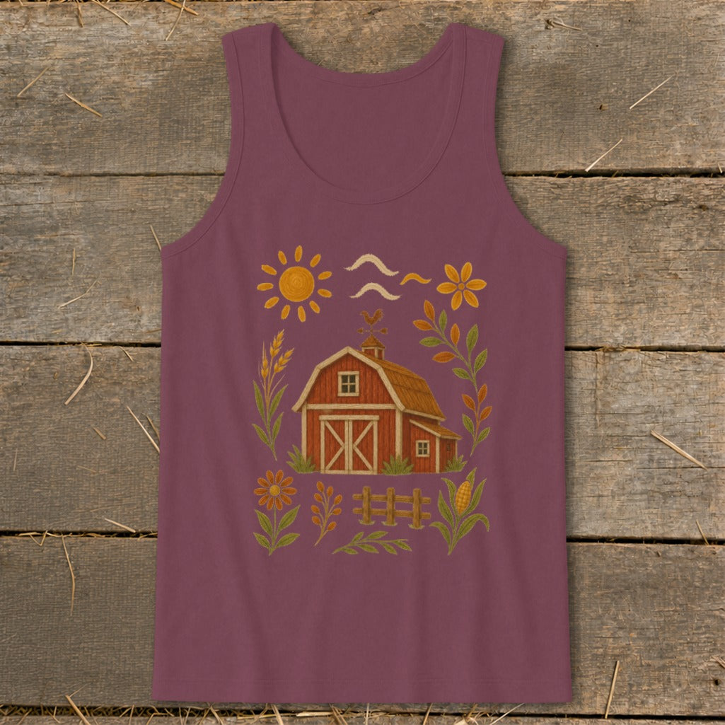 Maroon tank top with a barn, sun, and farm-themed illustration.