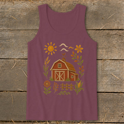 Maroon tank top with a barn, sun, and farm-themed illustration.