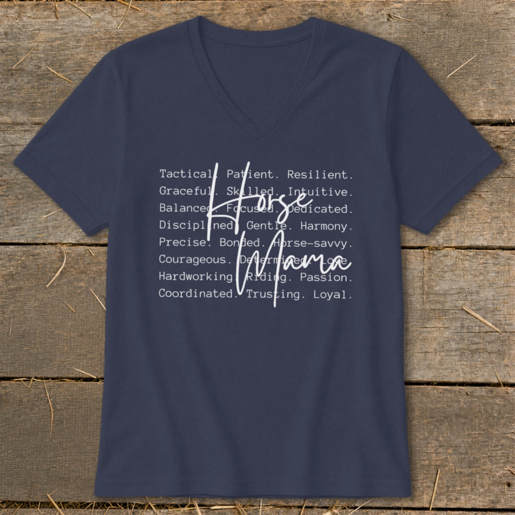 Navy v-neck shirt with "Horse Mama" and descriptive words in white.