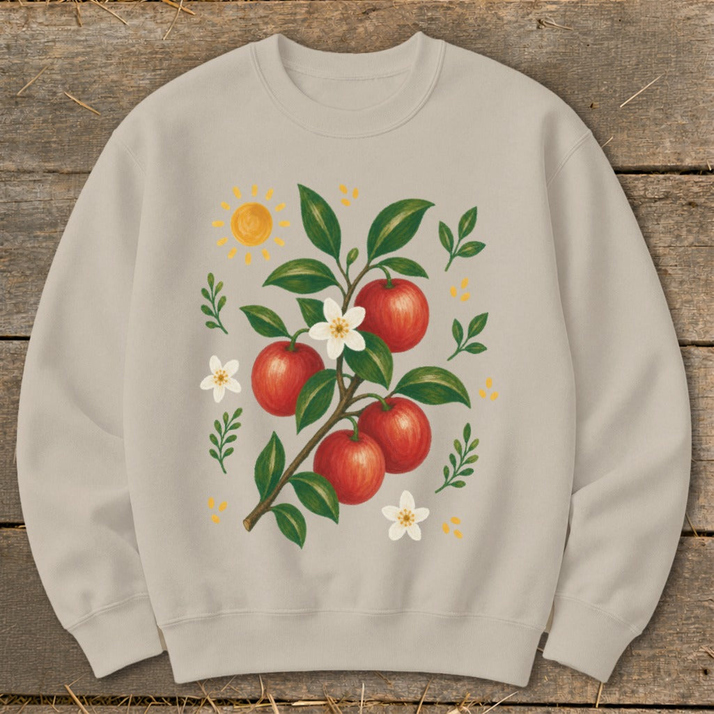 Light grey sweatshirt with a botanical illustration of apples and white blossoms.