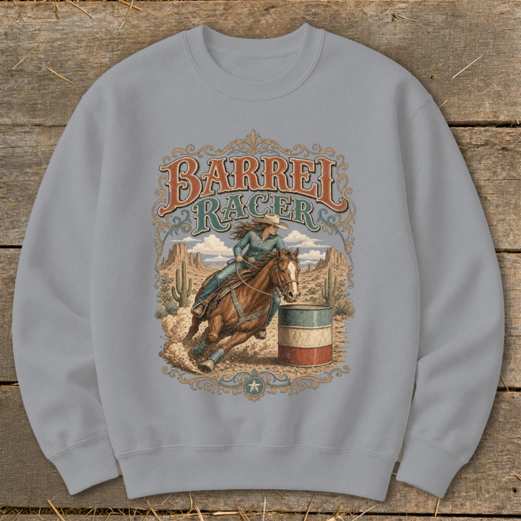 Barrel racer on horse rounding a barrel with desert landscape and text "Barrel Racer."