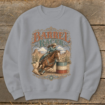 Barrel racer on horse rounding a barrel with desert landscape and text "Barrel Racer."