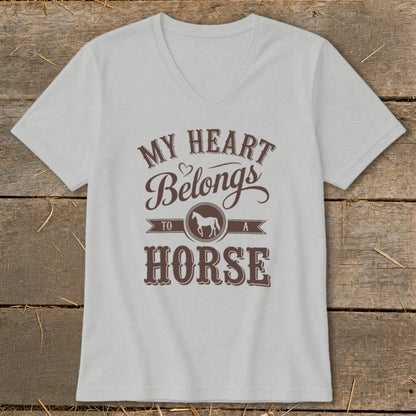Grey v-neck t-shirt with "My Heart Belongs To A Horse" text and horse graphic.