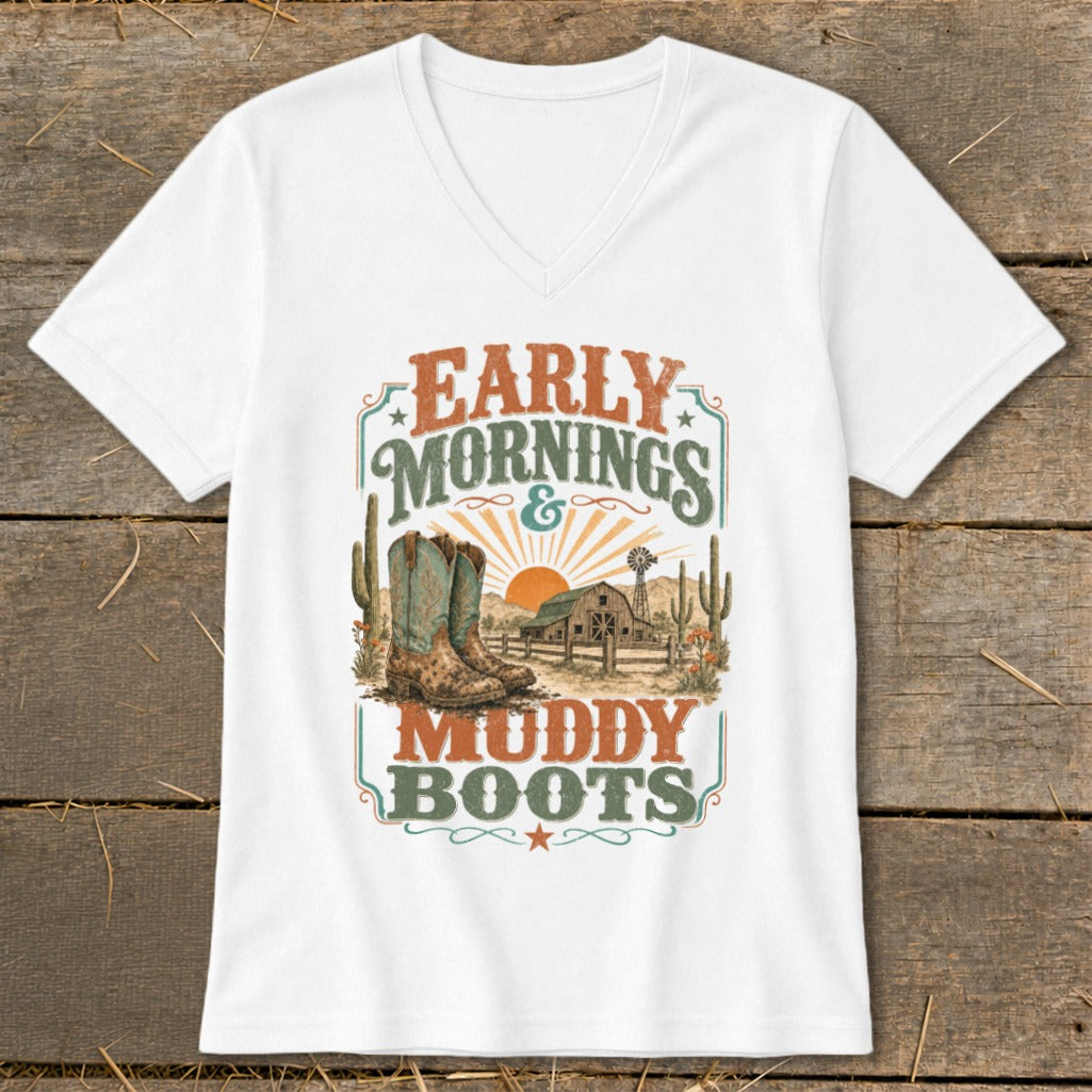 White t-shirt with "Early Mornings & Muddy Boots" text and western farm scene graphic.