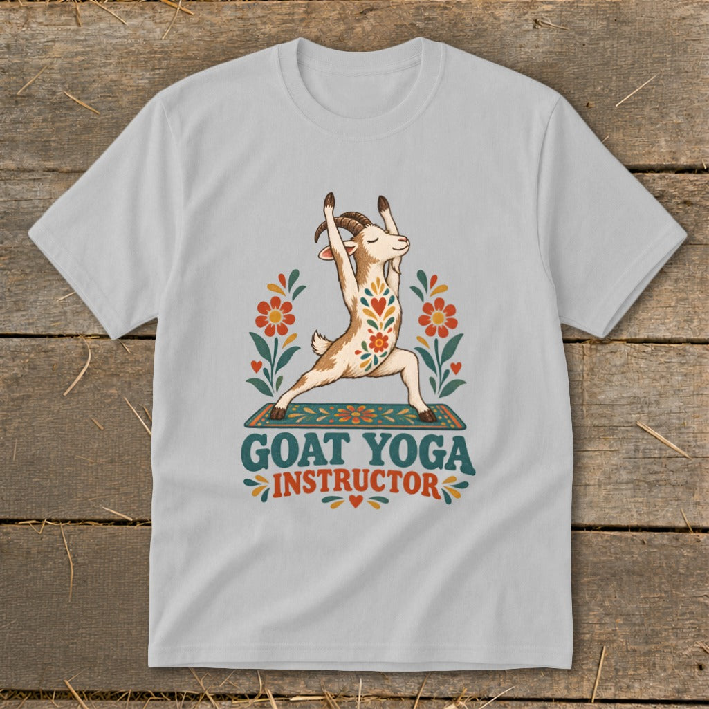 Goat in warrior pose on yoga mat with flowers and "Goat Yoga Instructor" text.