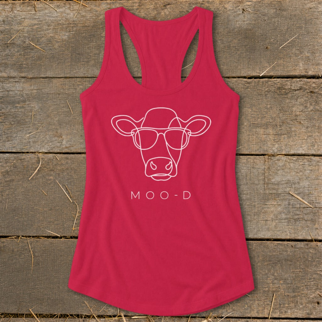 Pink tank top with white line drawing of a cow wearing sunglasses and text "MOO-D".
