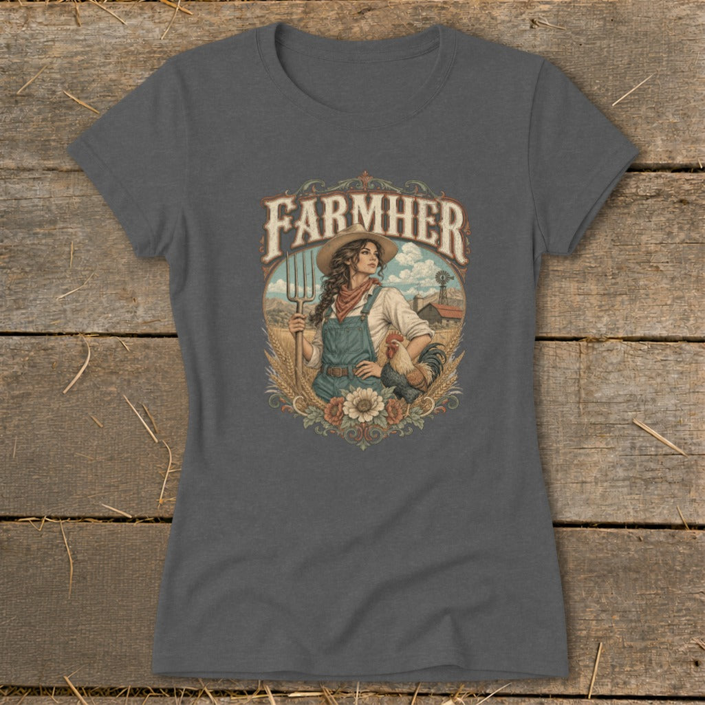 Farmher t-shirt design with a woman holding a pitchfork and a rooster.