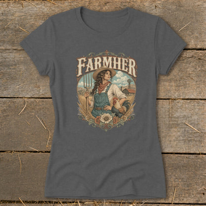 Farmher t-shirt design with a woman holding a pitchfork and a rooster.
