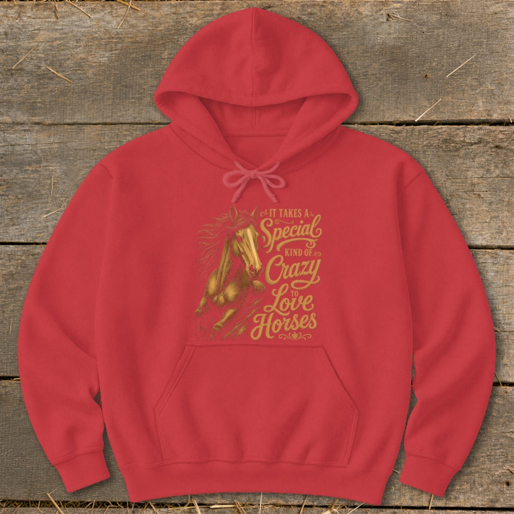 Red hoodie with gold text and horse graphic: It Takes a Special Kind of Crazy to Love Horses.