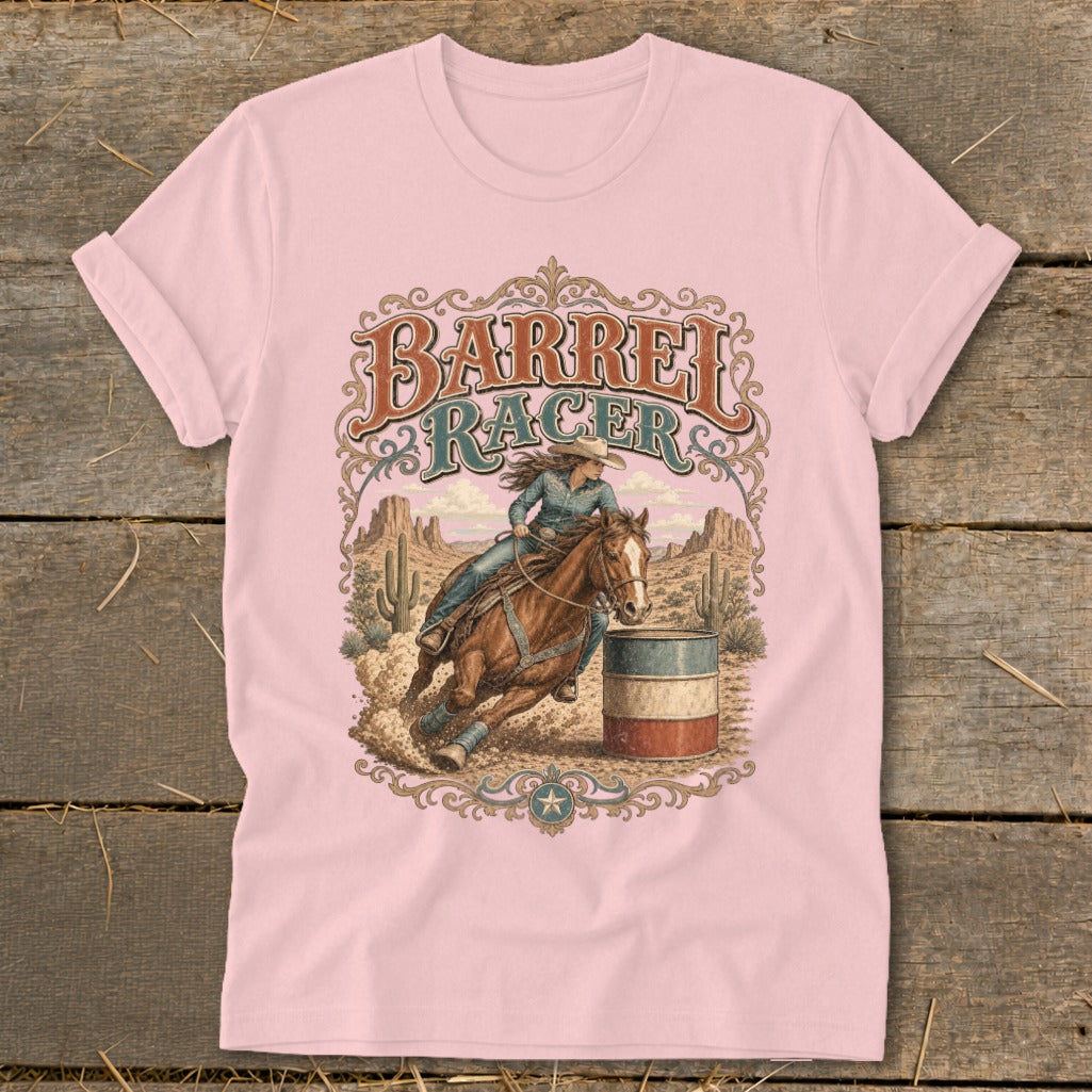 Barrel Racer design shows a cowgirl riding a horse around a barrel in the desert.