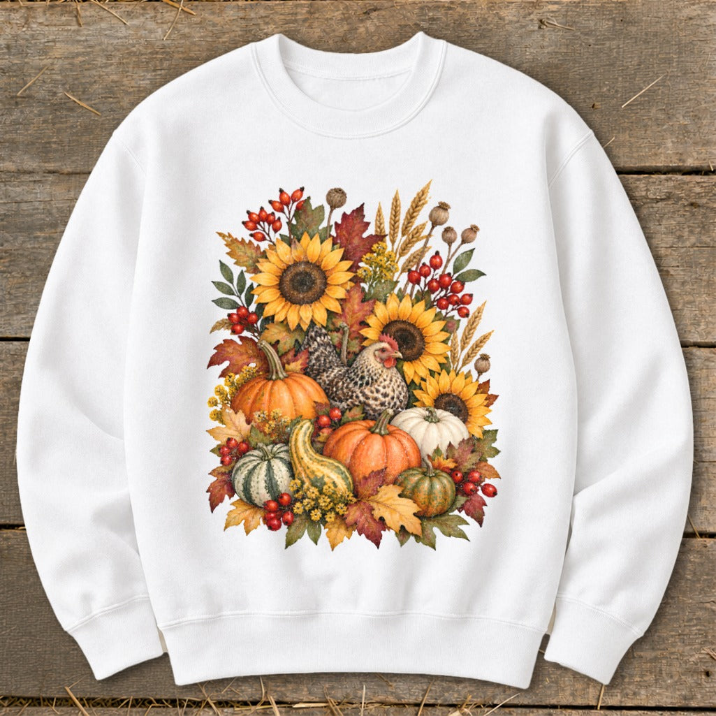 White sweatshirt with a fall harvest graphic of sunflowers, pumpkins, and chickens.