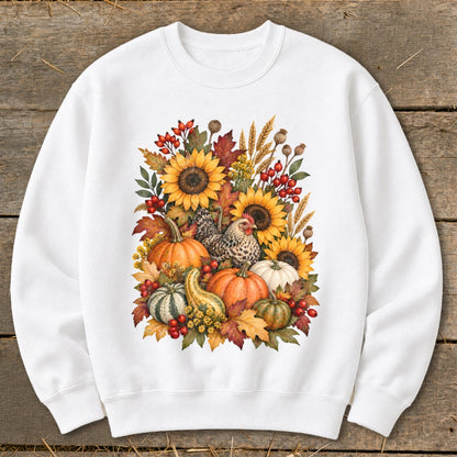 White sweatshirt with a fall harvest graphic of sunflowers, pumpkins, and chickens.