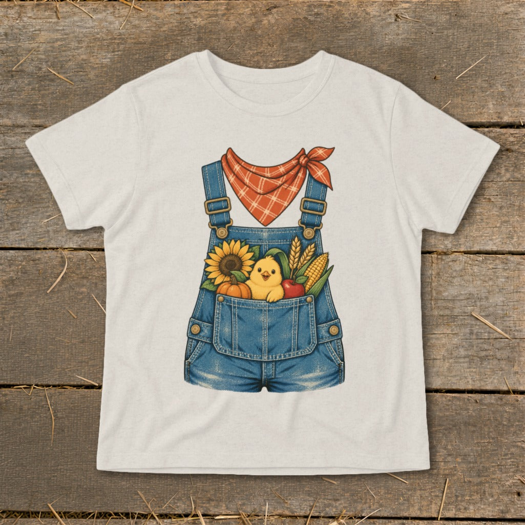 T-shirt with cartoon overalls graphic featuring a chick, sunflower, pumpkin, and corn.