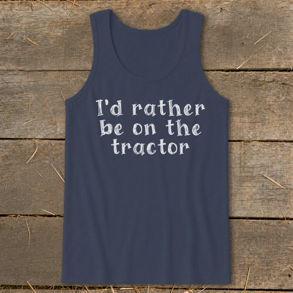 Navy tank top with white text "I'd rather be on the tractor".