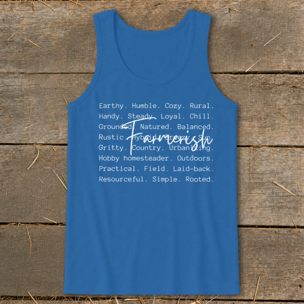 Blue tank top with "Farmerist" text and descriptive words.