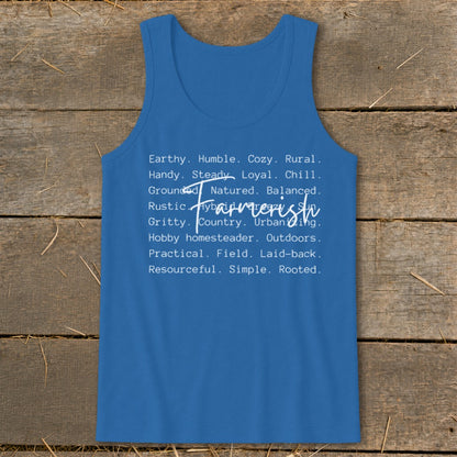Blue tank top with "Farmerist" text and descriptive words.