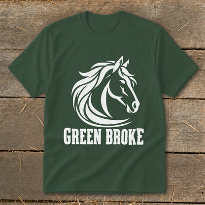 Dark green short-sleeve t-shirt with a white graphic of a horse head and the text GREEN BROKE.