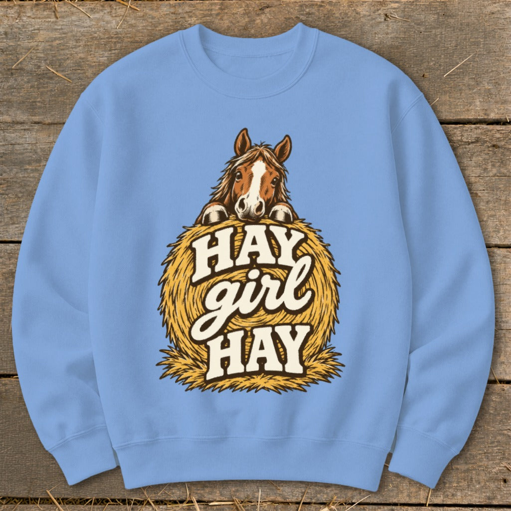 Blue sweatshirt with graphic of a horse on a hay bale saying "HAY girl HAY".