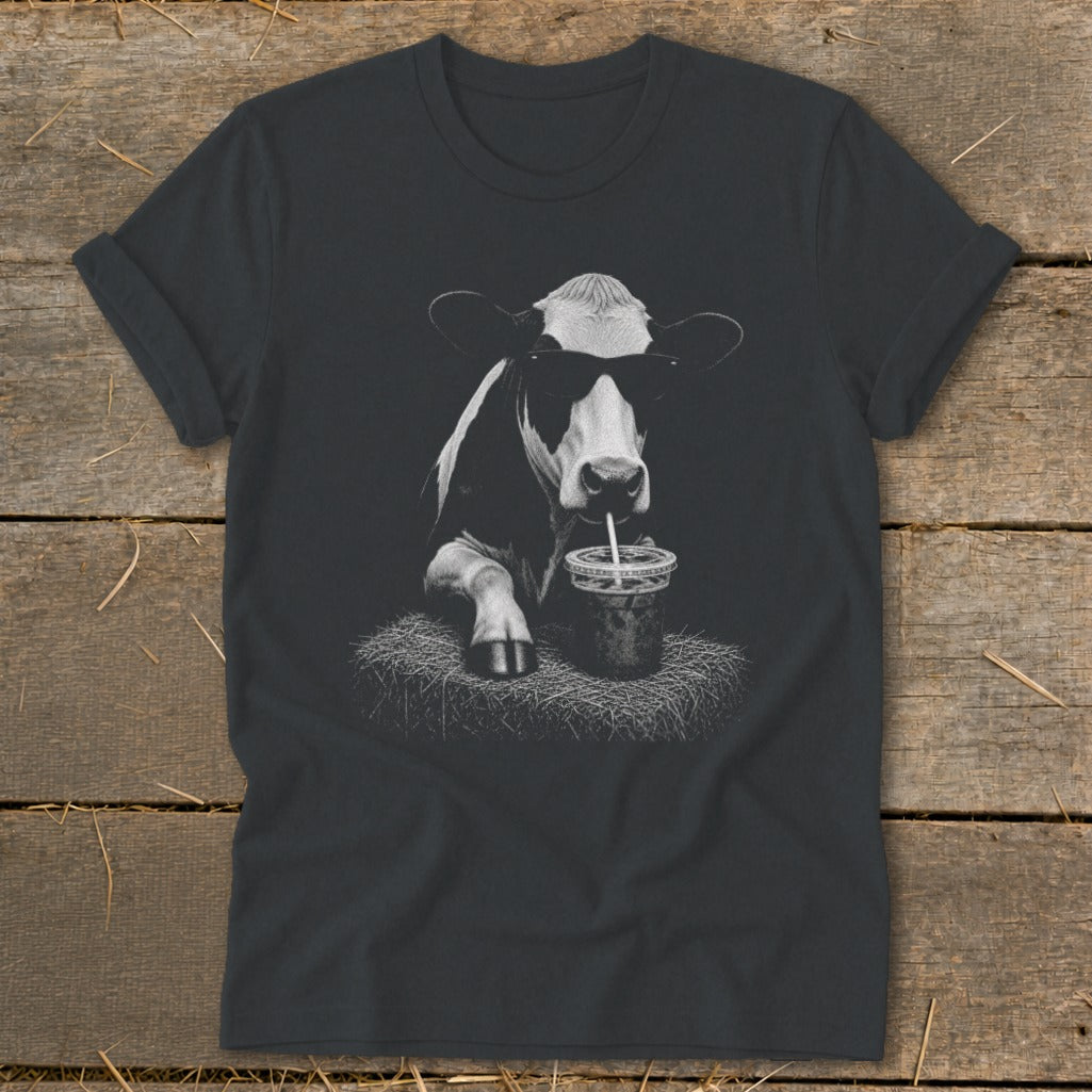 Cow wearing sunglasses drinks from a cup with a straw on a bale of hay.